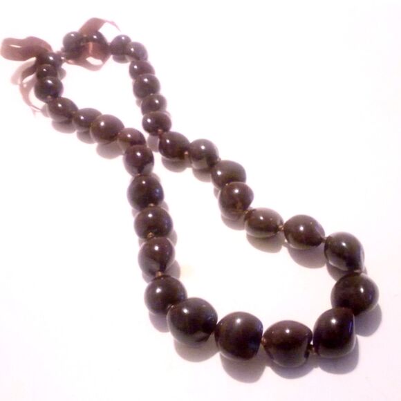 Kukui Nut Hawaiian Hand Knotted Lei Necklace 30” Brown Ribbon Tie - Picture 2 of 5